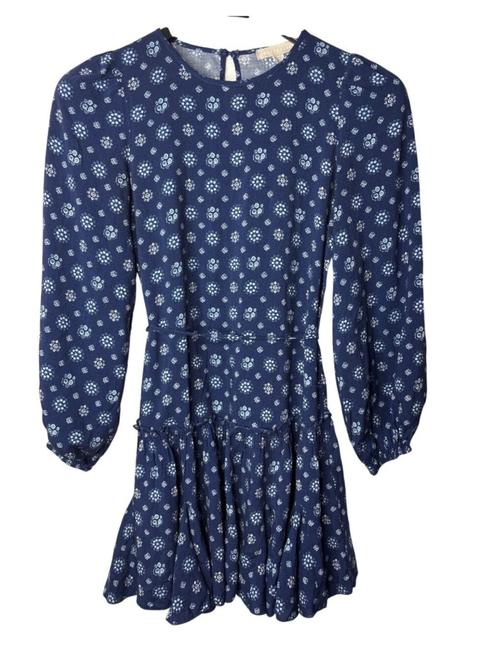 Chelsea 28 Mini Shirt Dress Size XS Keyhole Back Tie Floral Blue White Rayon